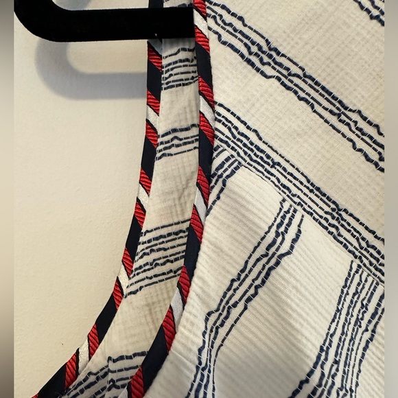 Paule Ka white shift midi dress w/ navy lines + colored trim - 42 (FR)/ US 8/10 - Picture 3 of 9